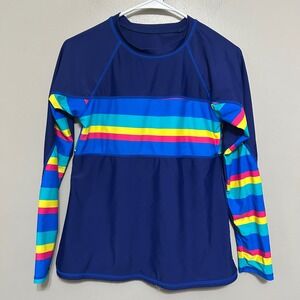 Girl Rash Guard Shirt Navy Blue Rainbow Stripe Long Sleeve Swim Top Built in Bra